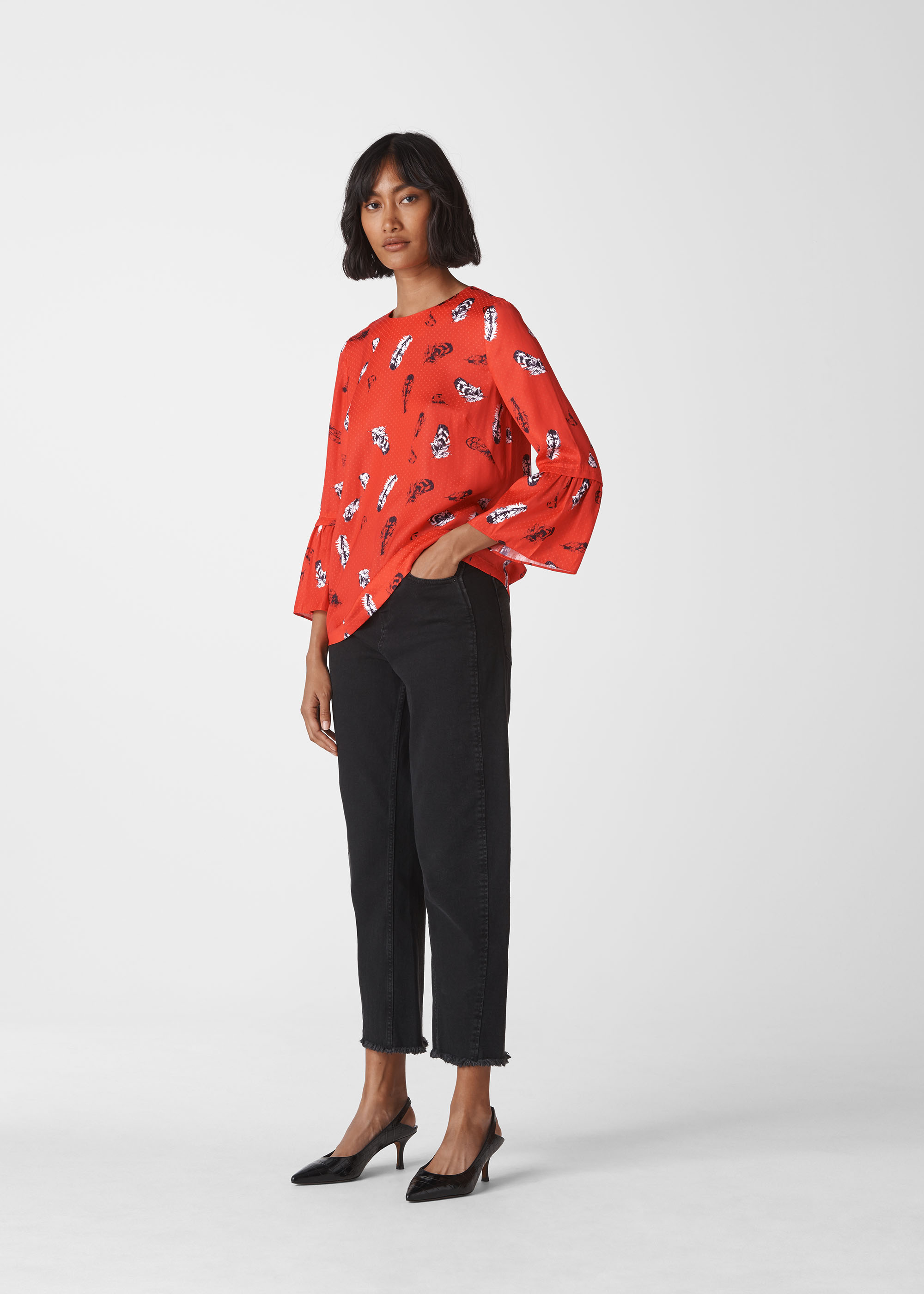 Whistles Women's Red/Multi Feather Print Millie Frill Top Size 6