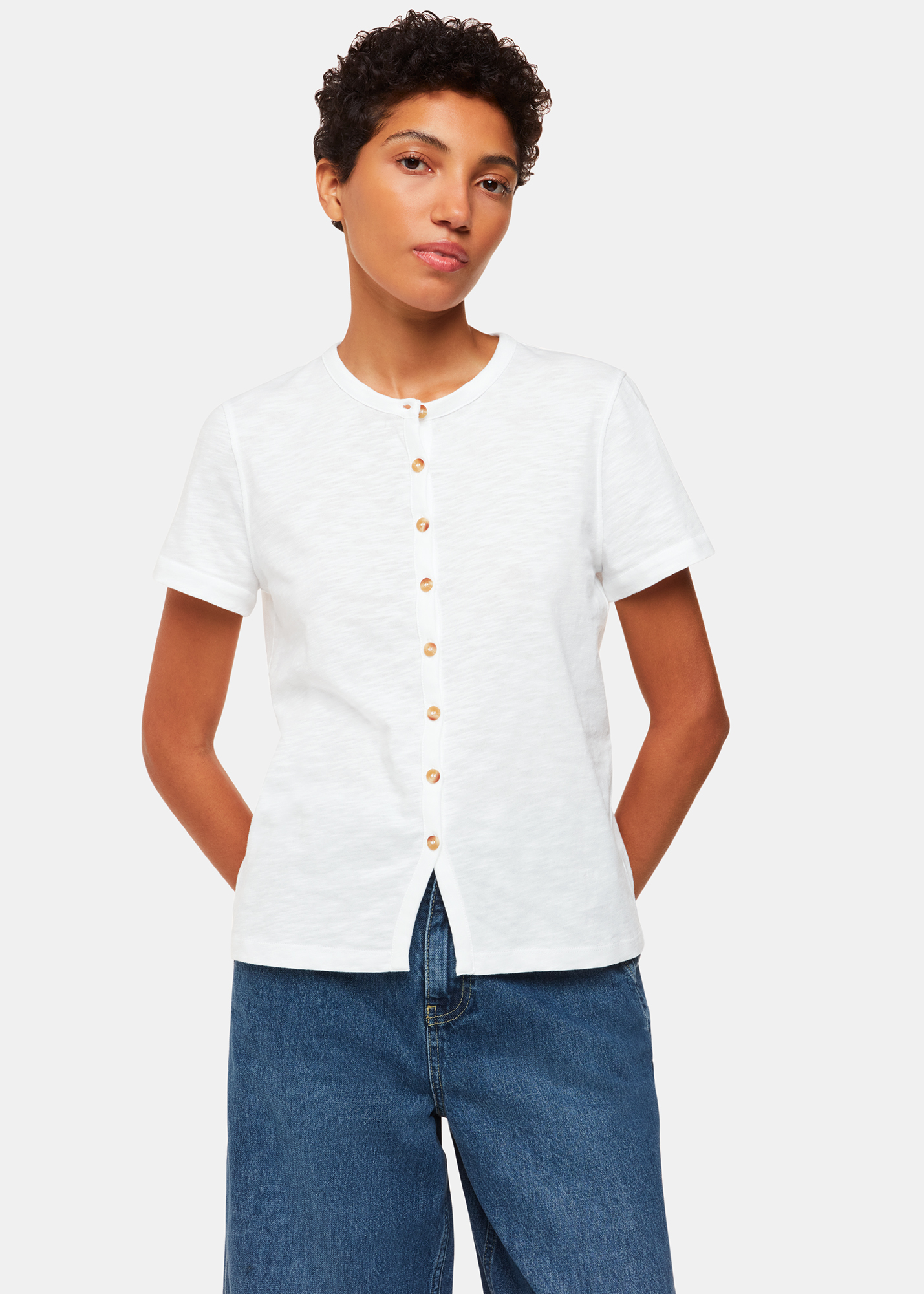 Whistles Women's White Isla Round Neck Button Tee Size XS