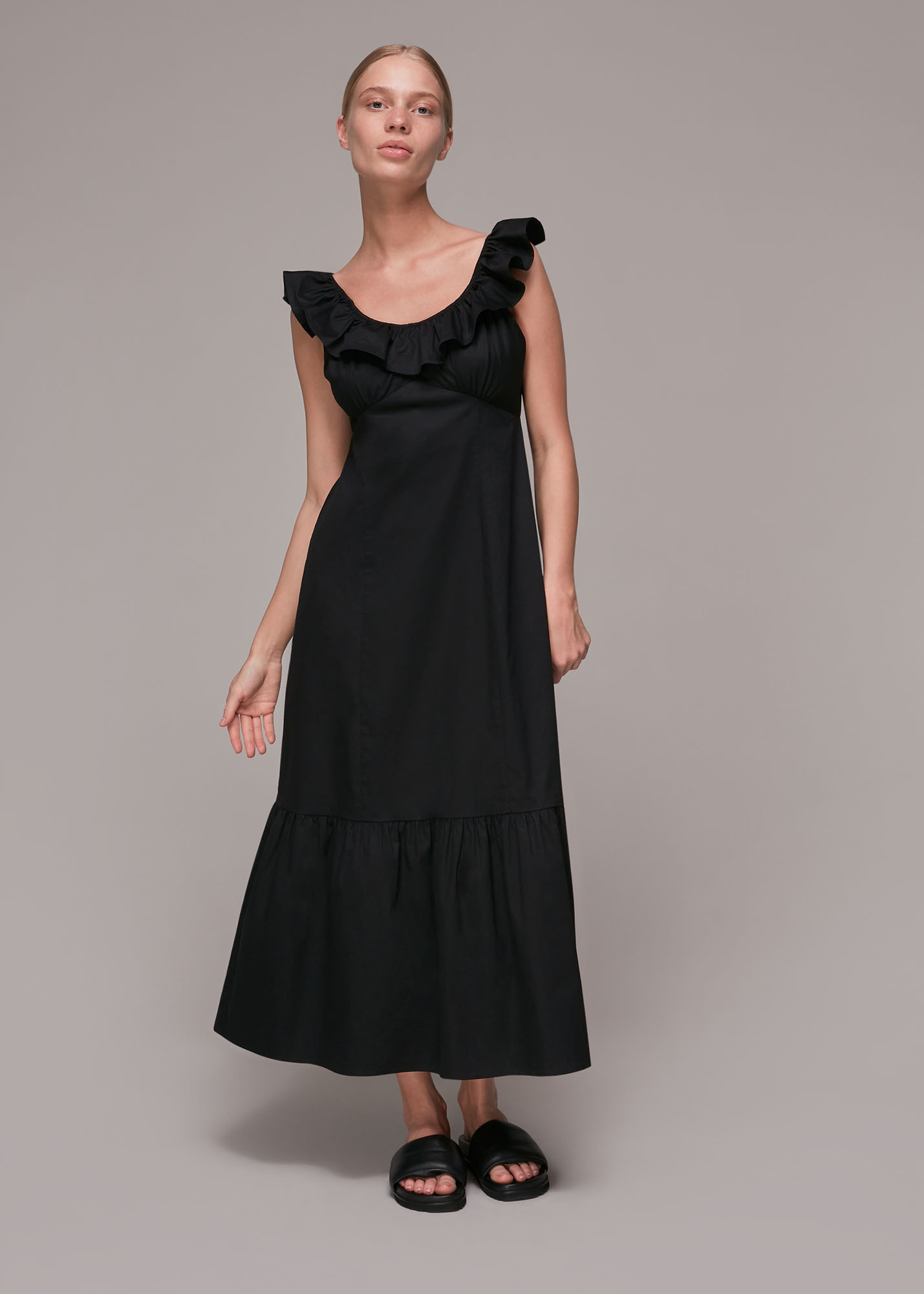 Whistles Women's Black Jemma Frill Poplin Midi Dress Size 6