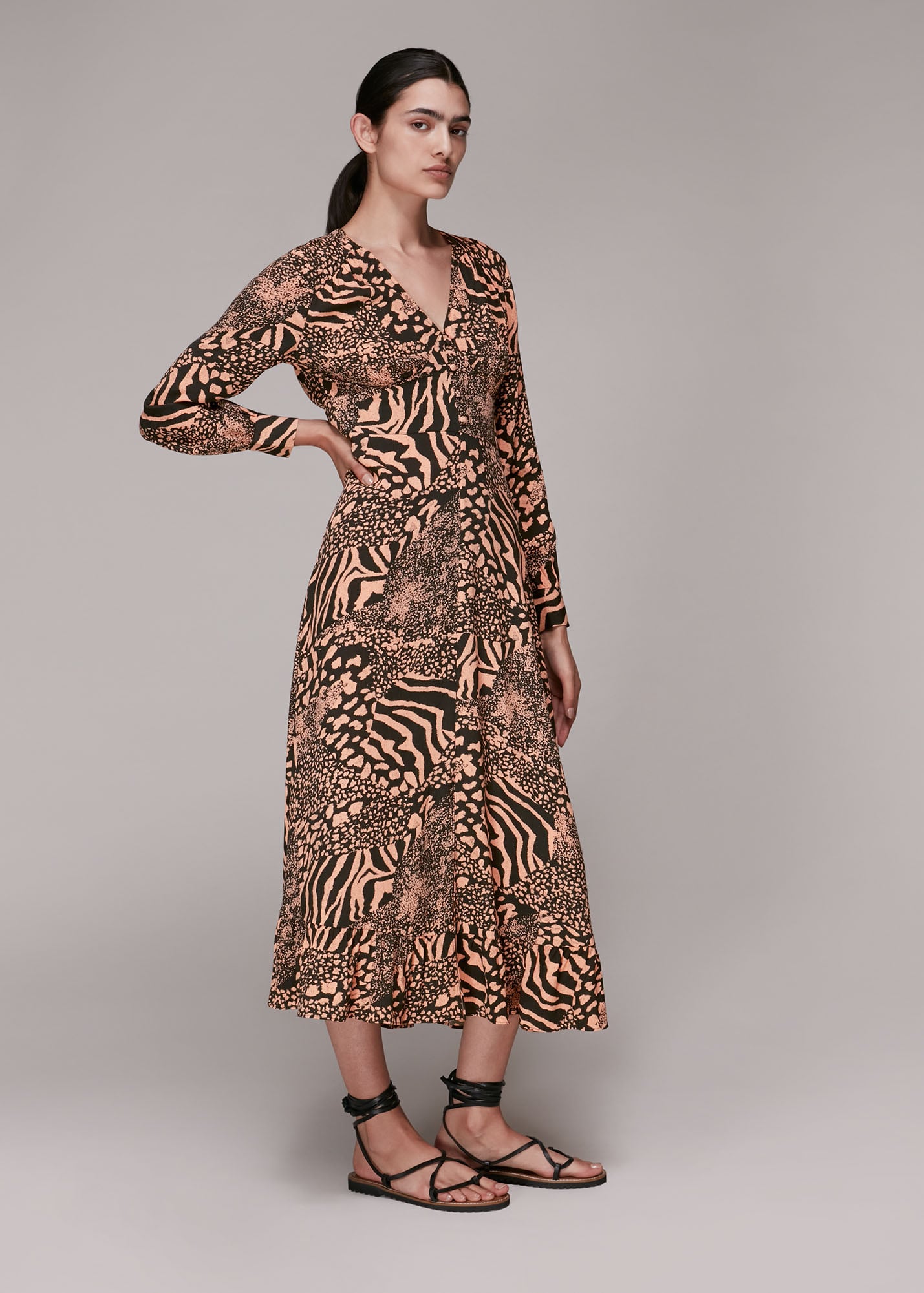 Whistles Women's Multicolour Patchwork Animal Midi Dress Size 8