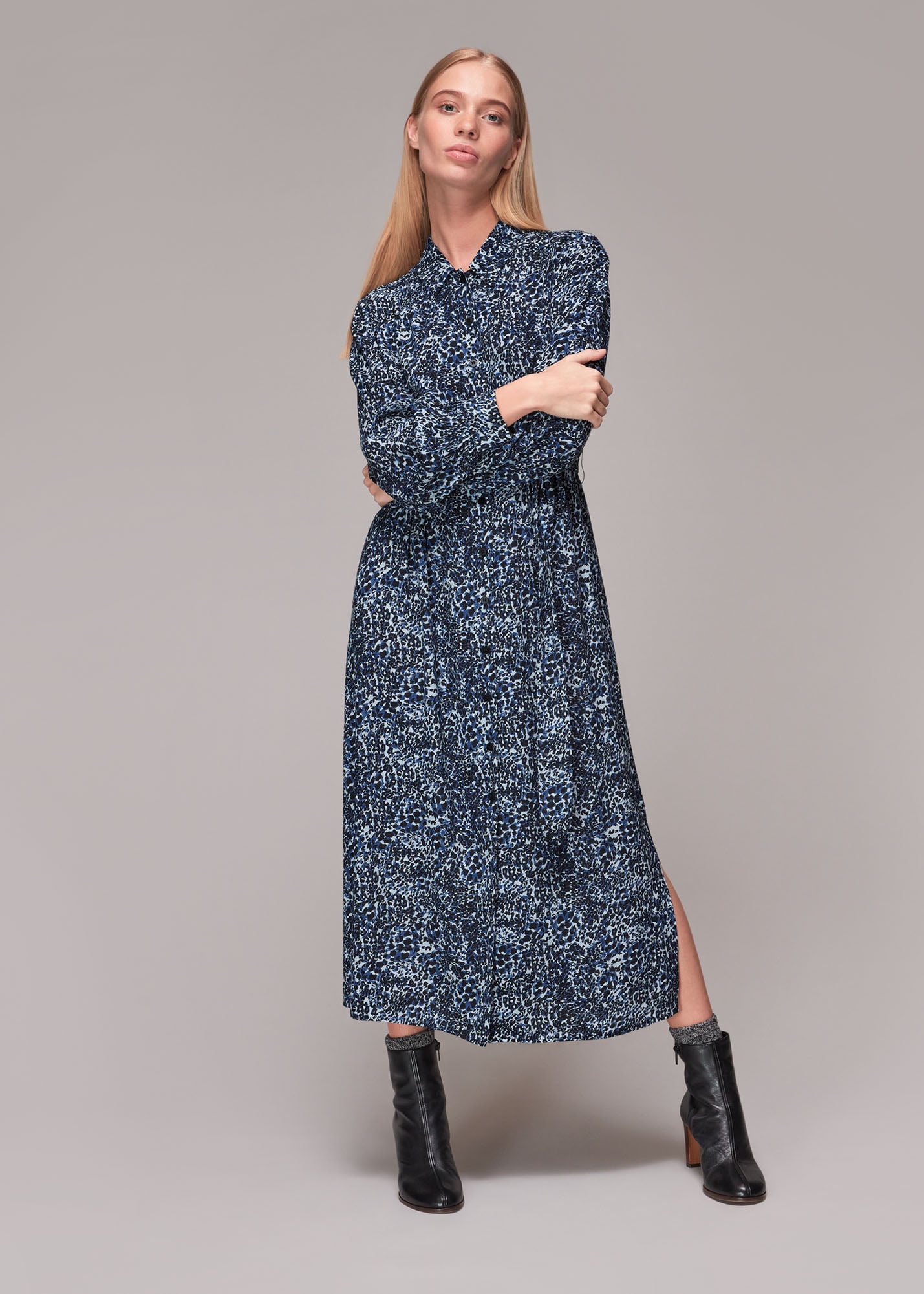 Whistles Women's Blue/Multi Micro Animal Shirt Dress Size 6