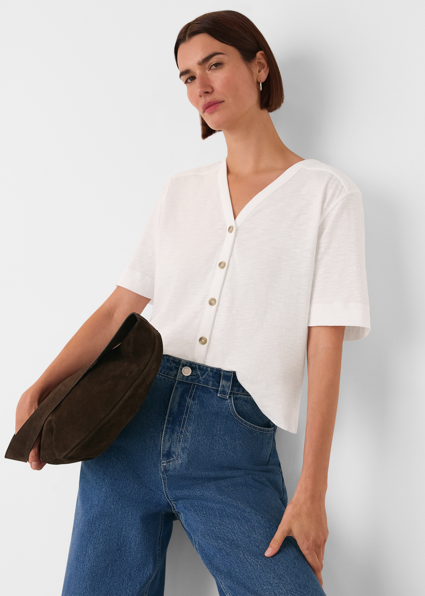 Whistles Women's White Ella V Neck Button Through Tee Size XL