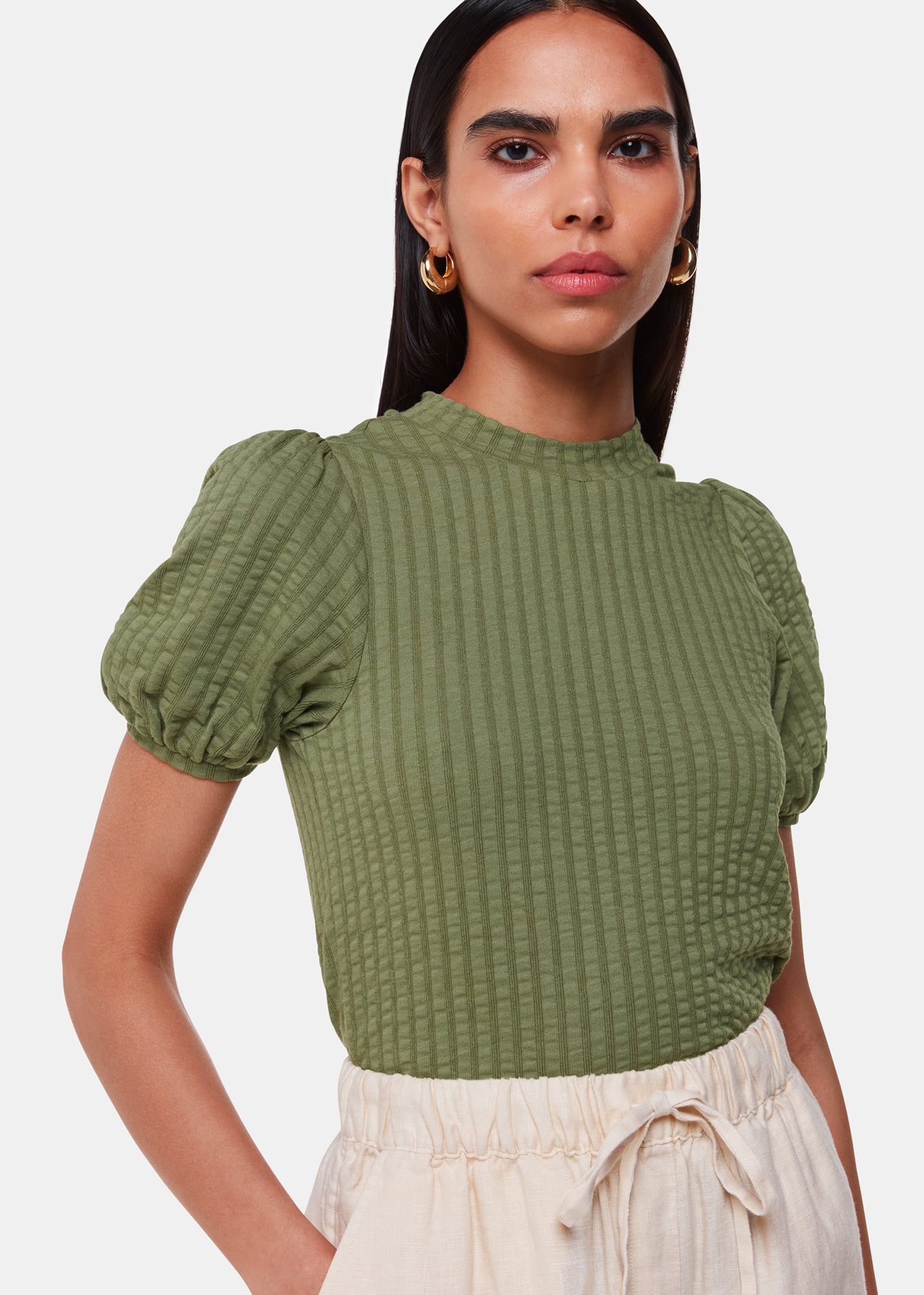 Whistles Women's Khaki Textured Puff Sleeve Top Size XS