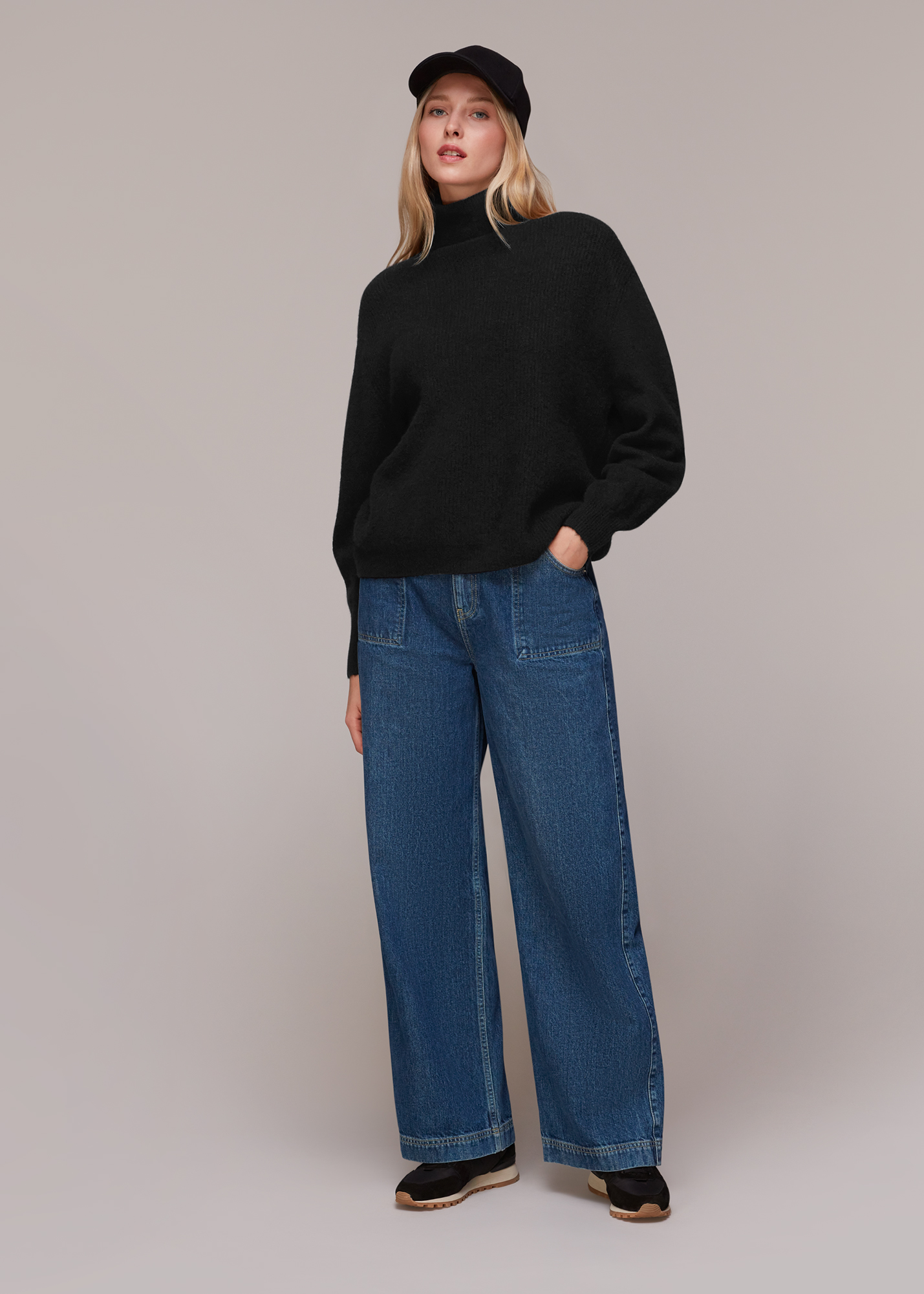 Whistles Women's Black Ribbed Roll Neck Jumper Size XS