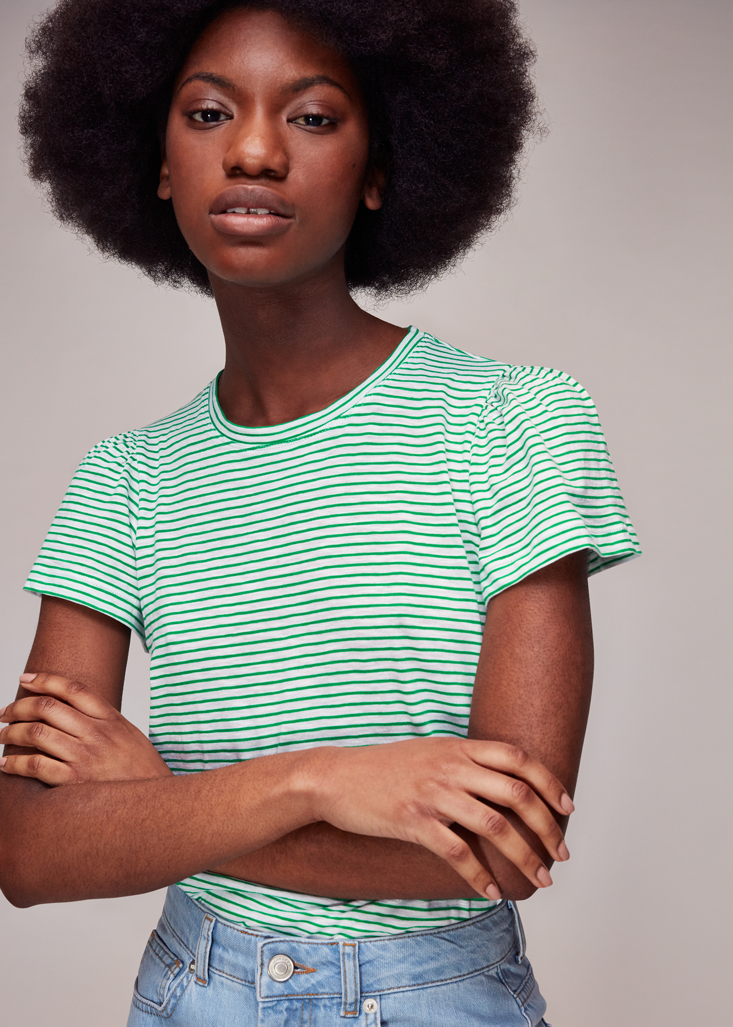 Whistles Women's Green/Multi Cotton Frill Stripe T-Shirt Size L