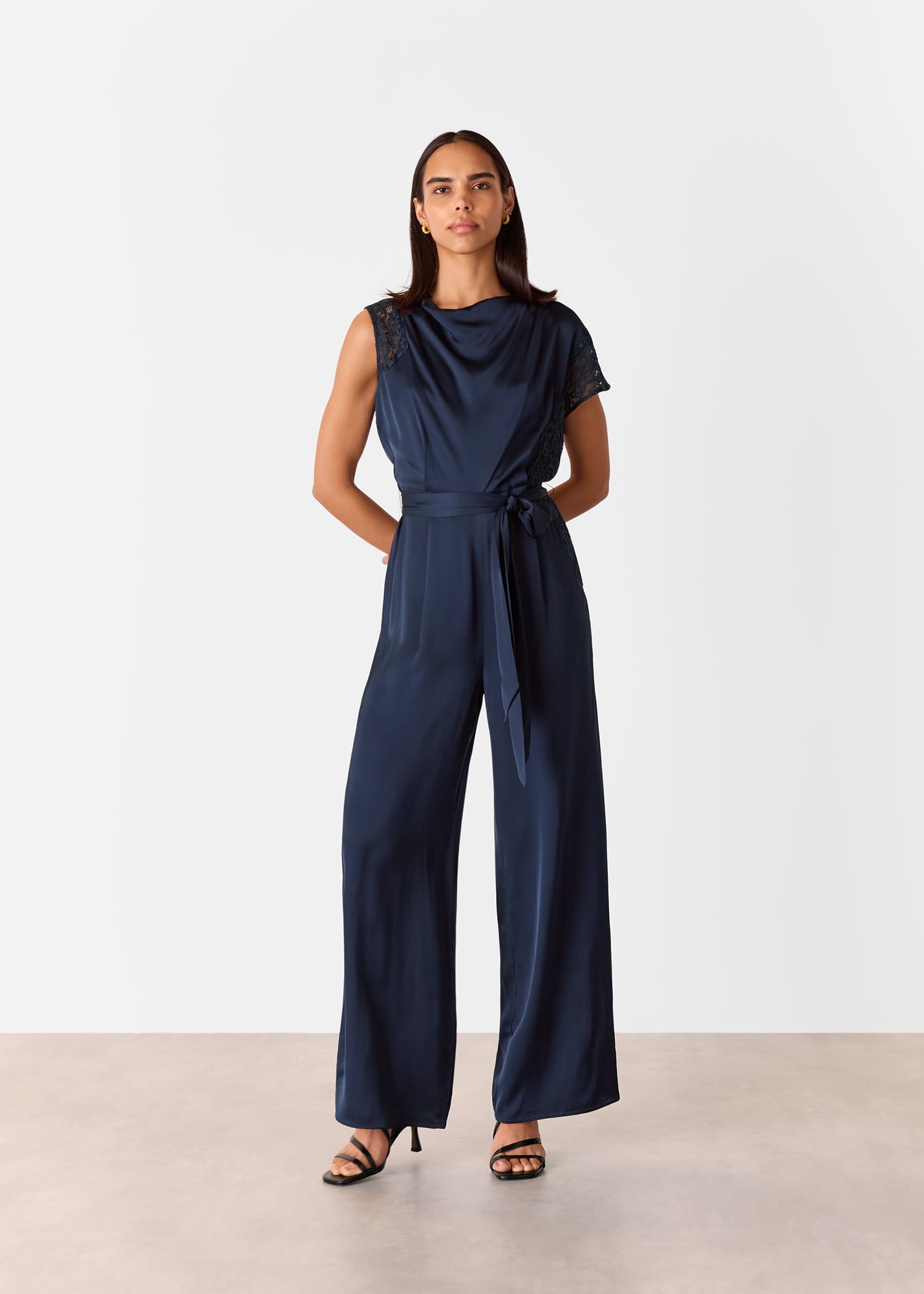 Whistles Women's Navy Satin Lace Occasion Jumpsuit Size 18