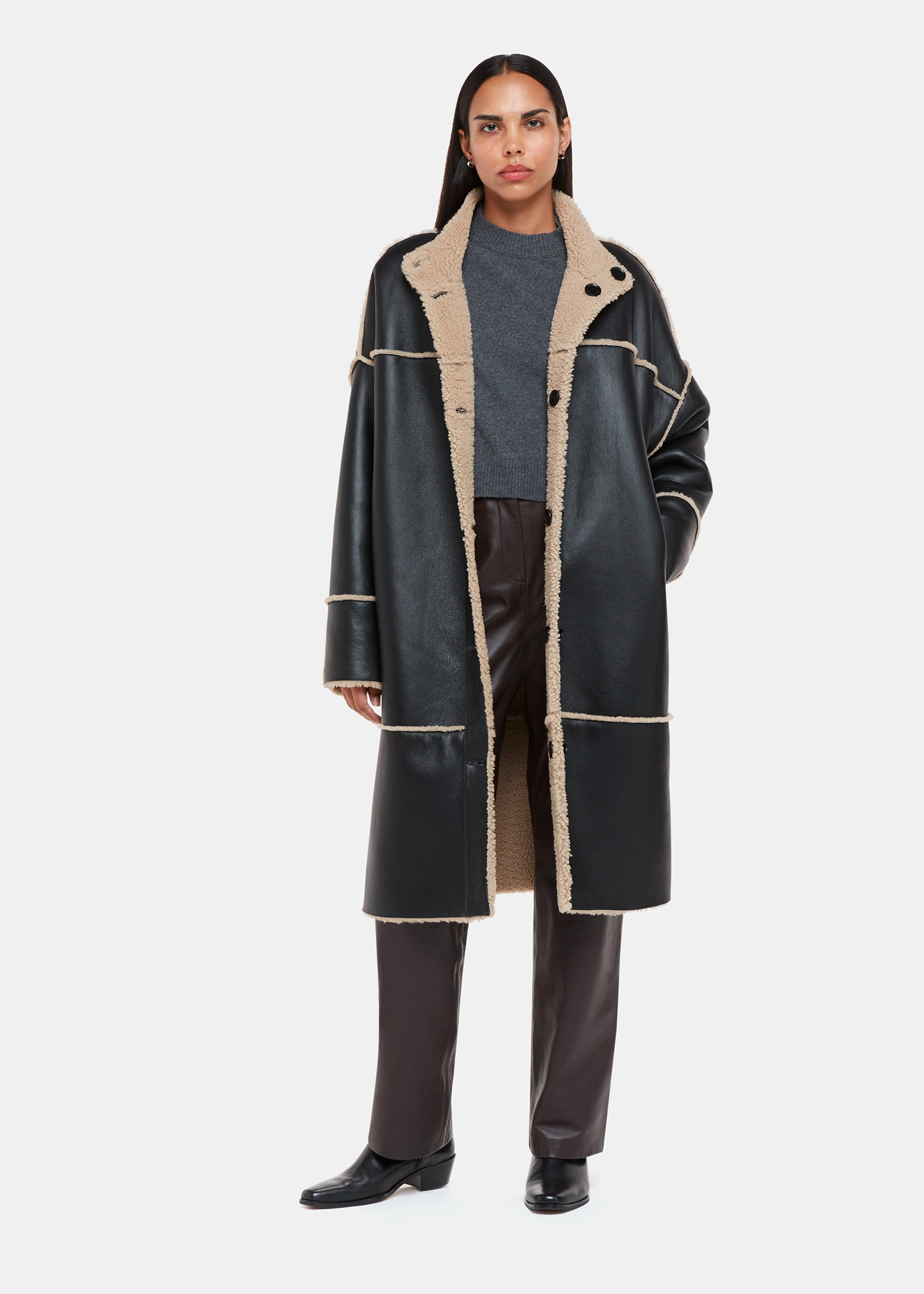Whistles Women's Black/Multi Zo Reversible Shearling Coat Size M