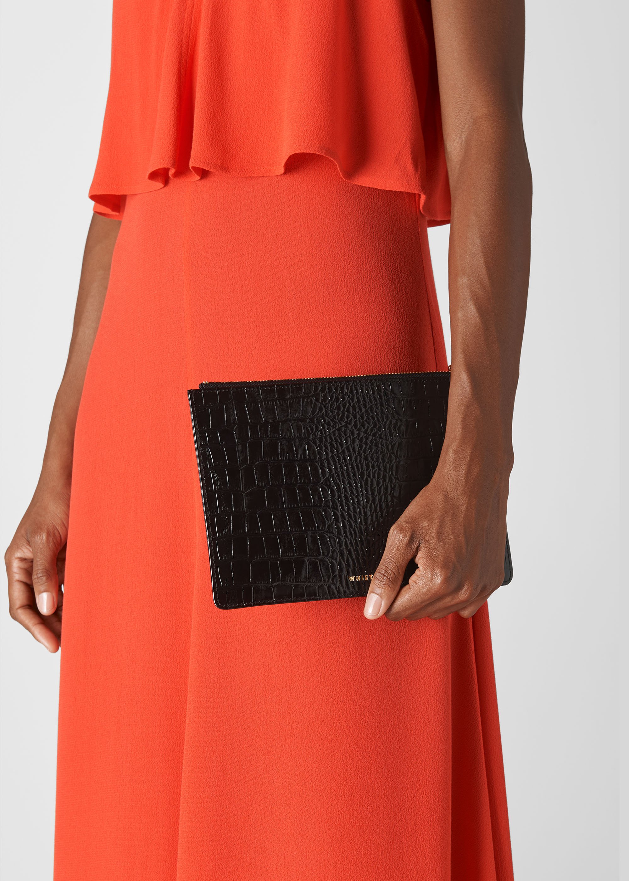 Whistles Women's Black Shiny Croc Small Clutch 