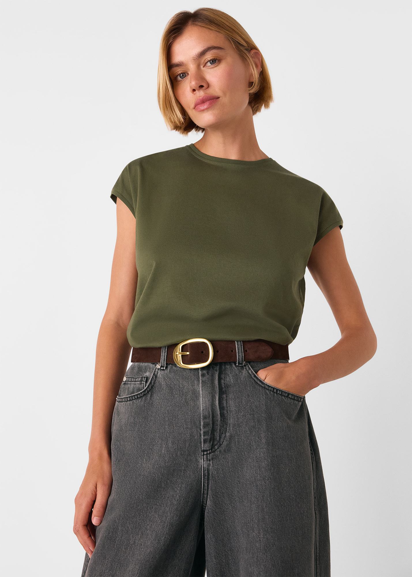 Whistles Women's Khaki Cap Sleeve Tee Size L