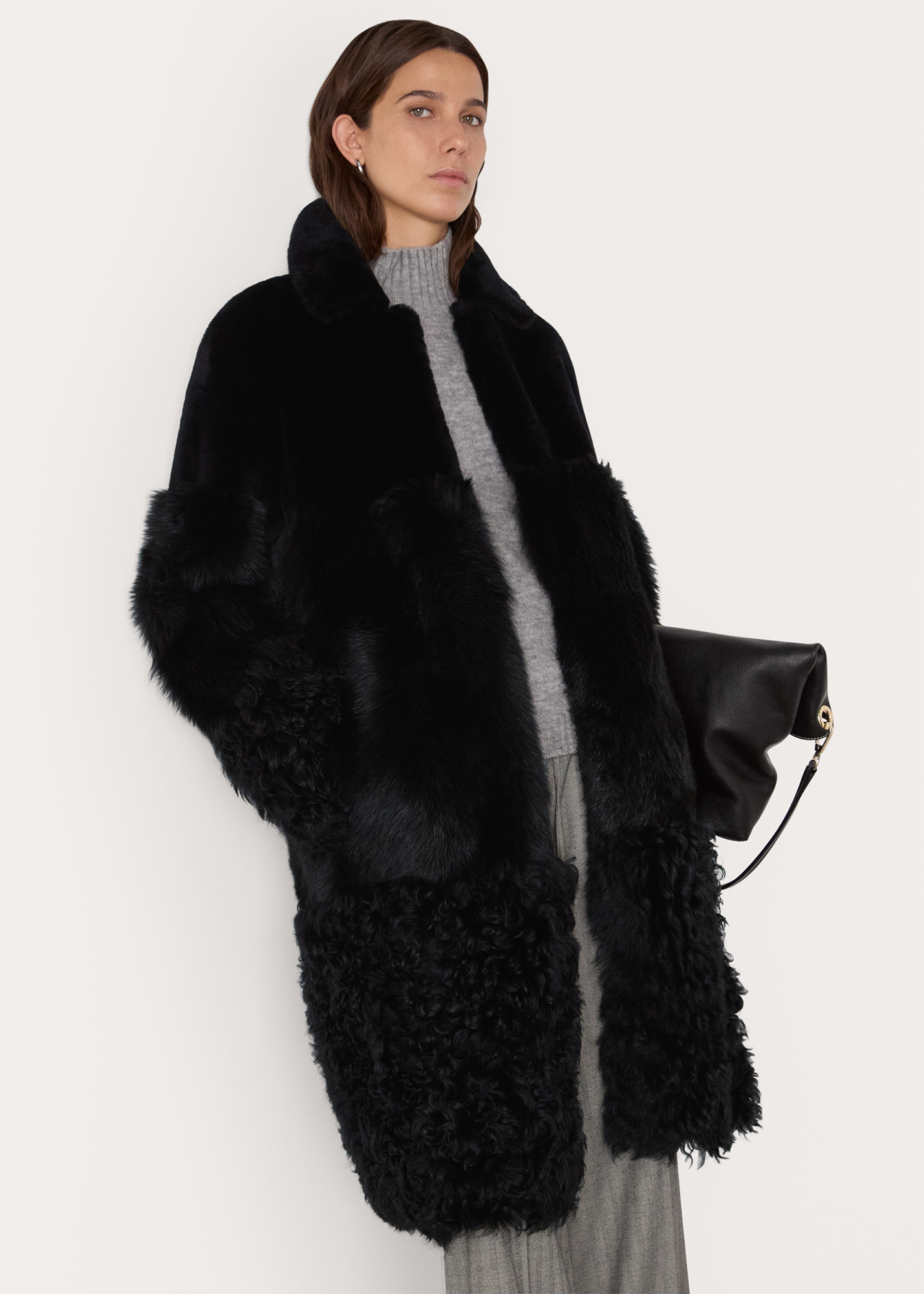 Whistles Women's Black Cossma Shearling Longline Coat Size S