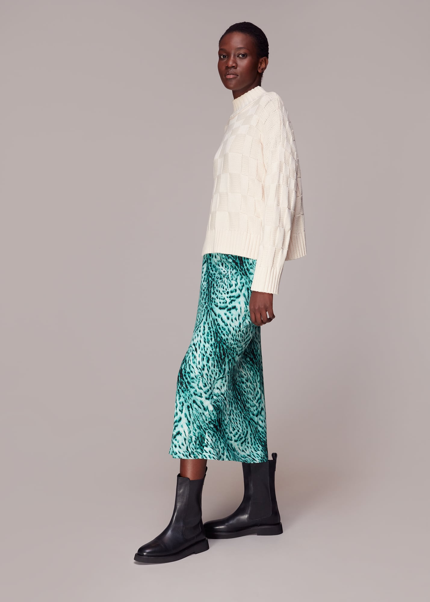 Whistles Women's Green/Multi Brushed Leopard Bias Cut Skirt Size 4