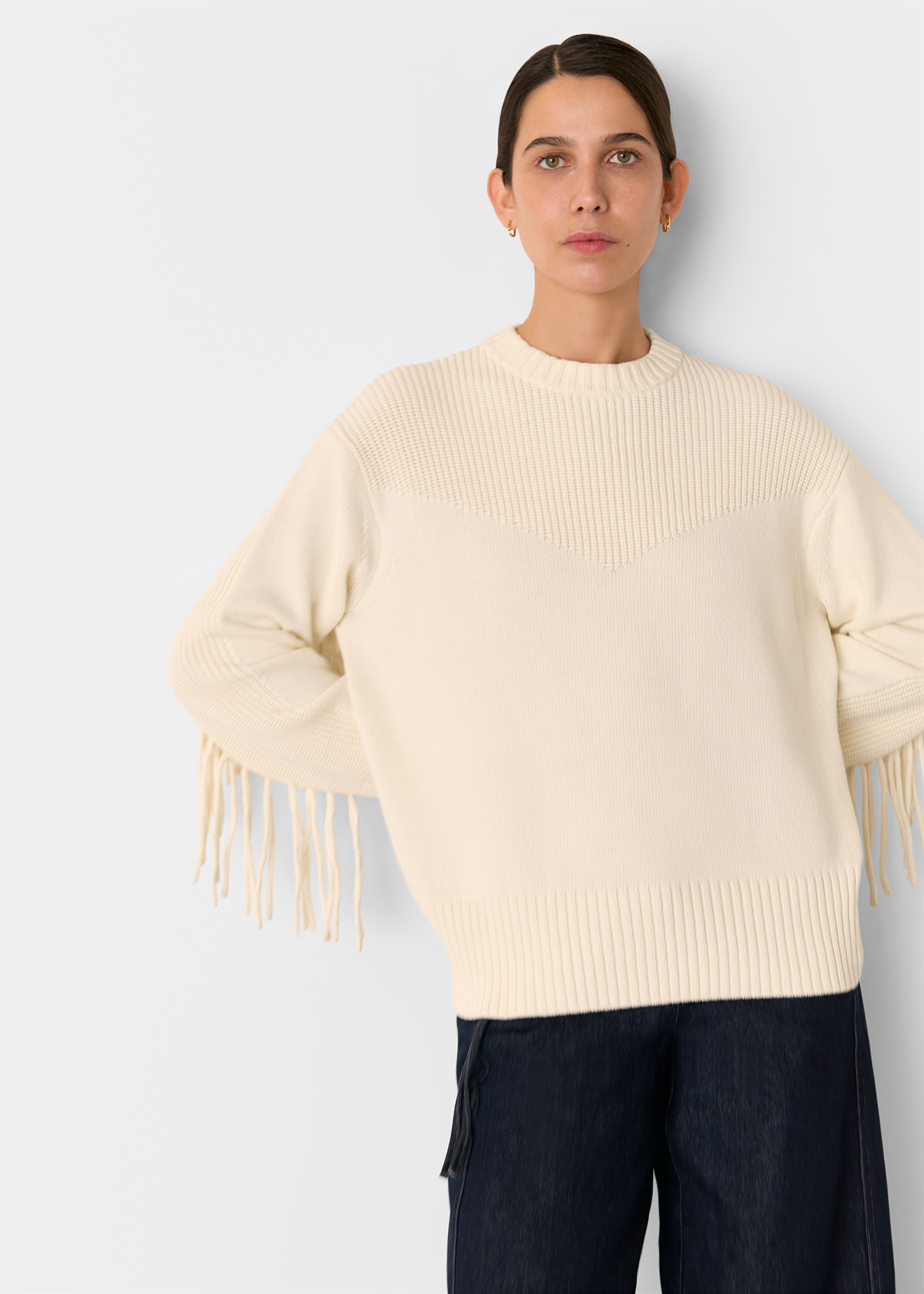 Whistles Women's Ivory Fringed Rib Detail Sweater Size XS