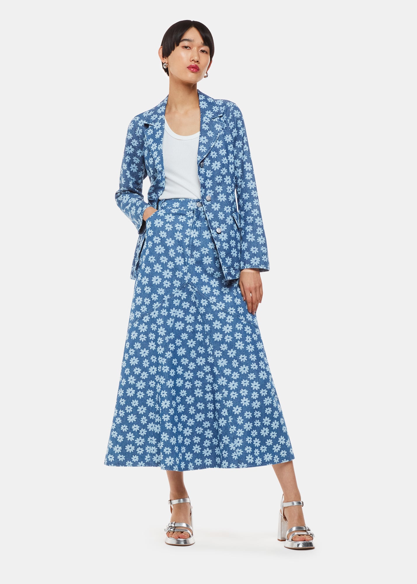 Whistles Women's Denim Graphic Daisy Maxi Skirt Size 18