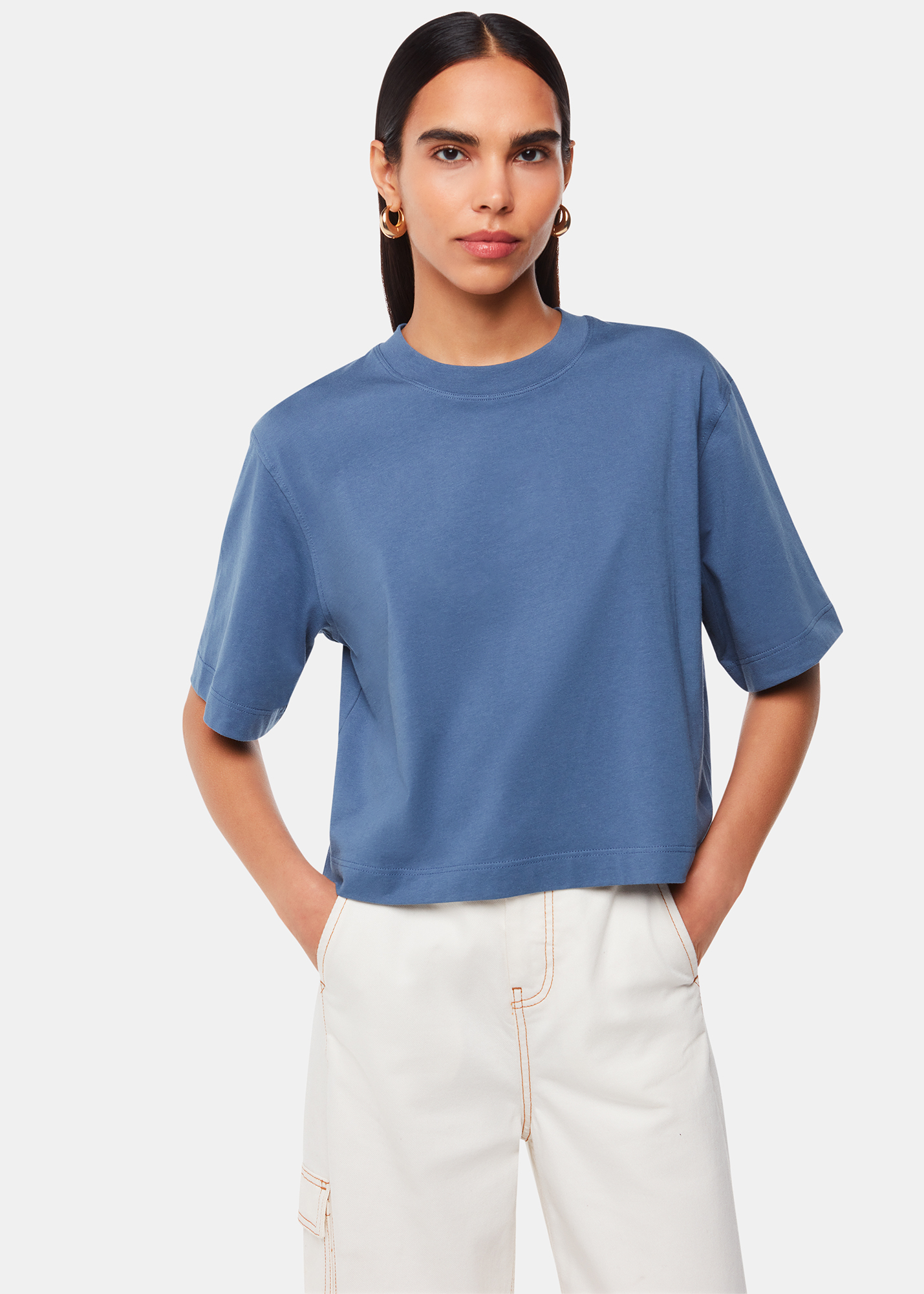 Whistles Women's Blue Cropped Relaxed Tee Size L