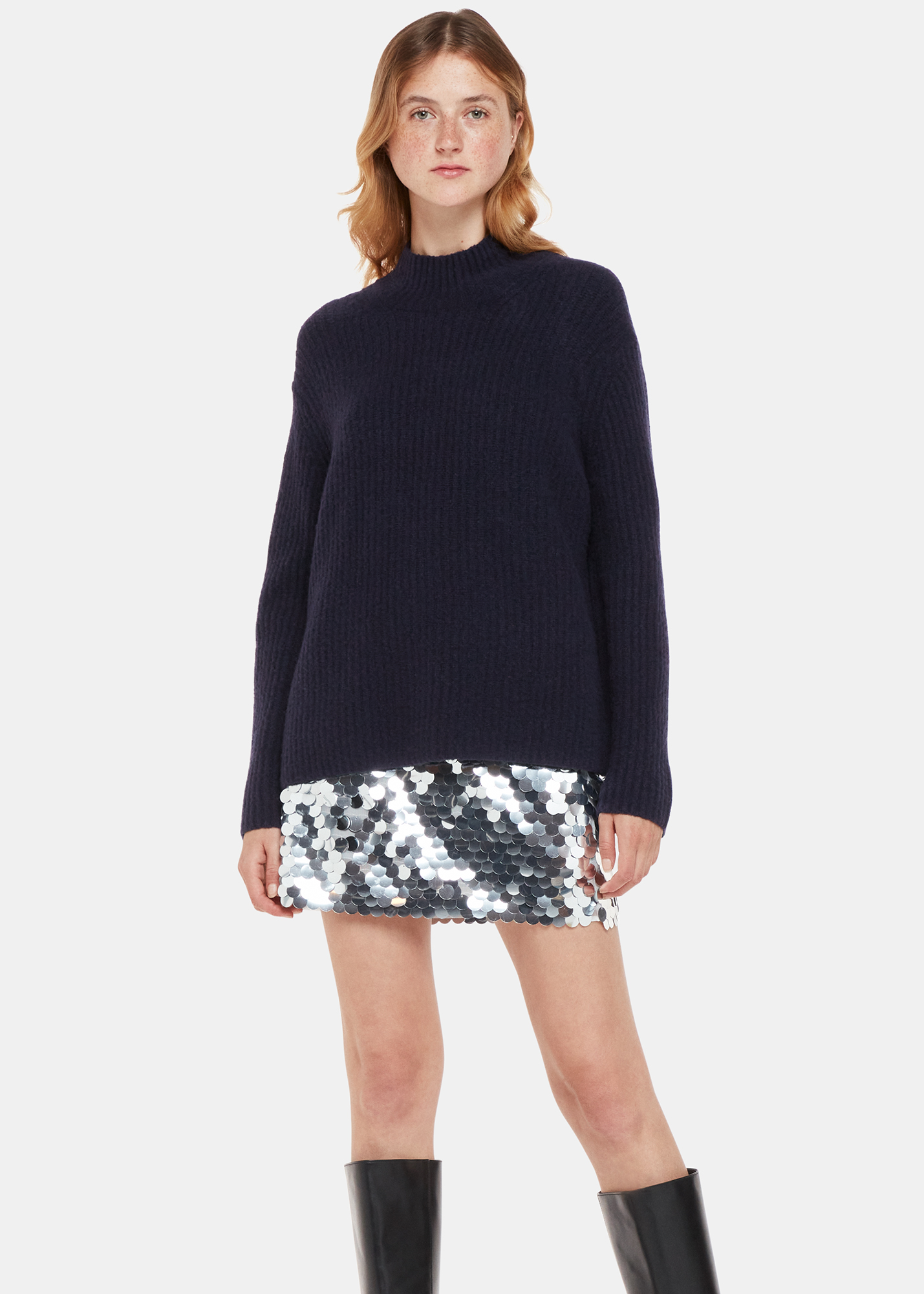 Whistles Women's Navy Wool Mix Rib Funnel Neck Size L