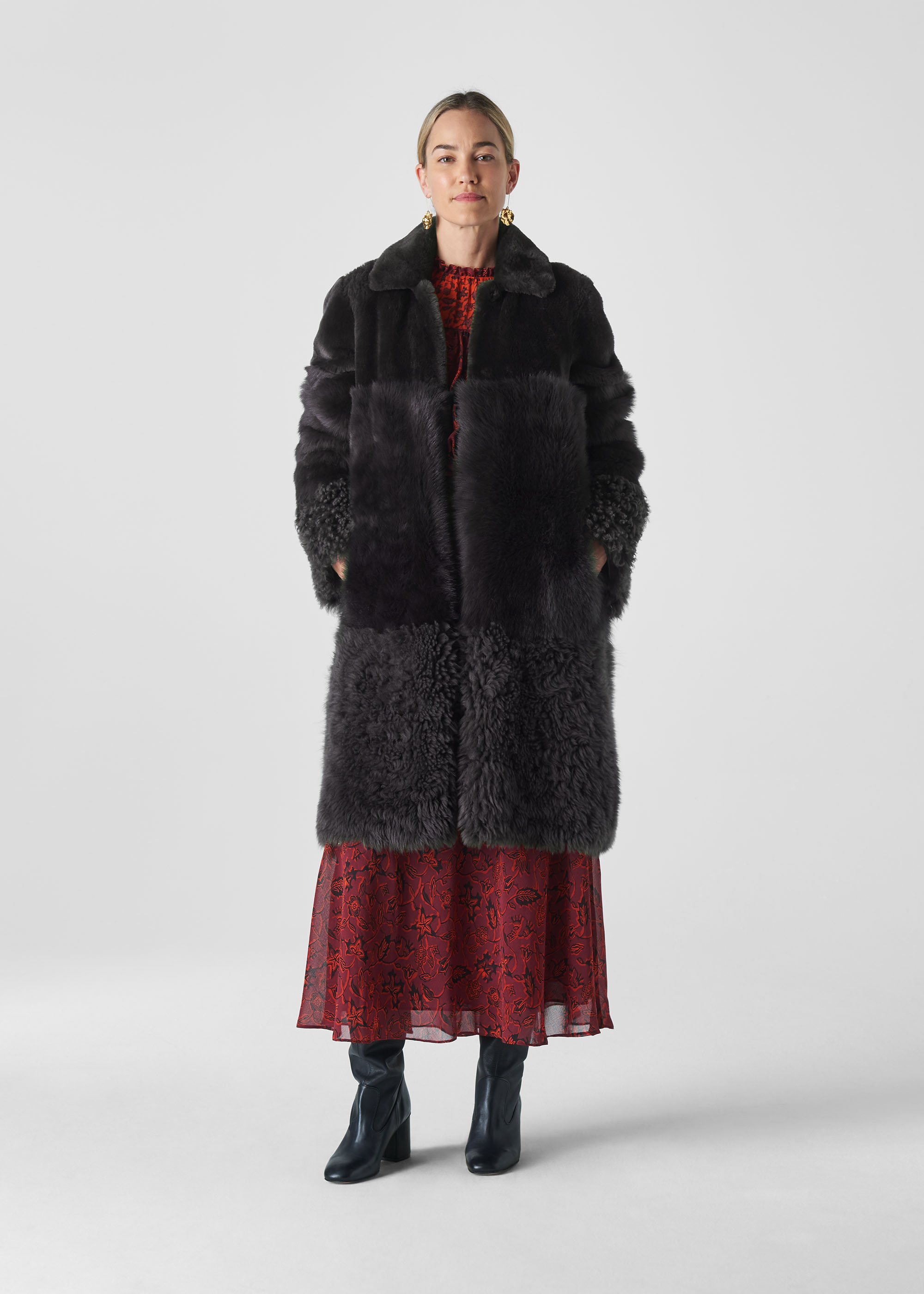 Whistles Women's Grey Cosma Shearling Coat Size M/L