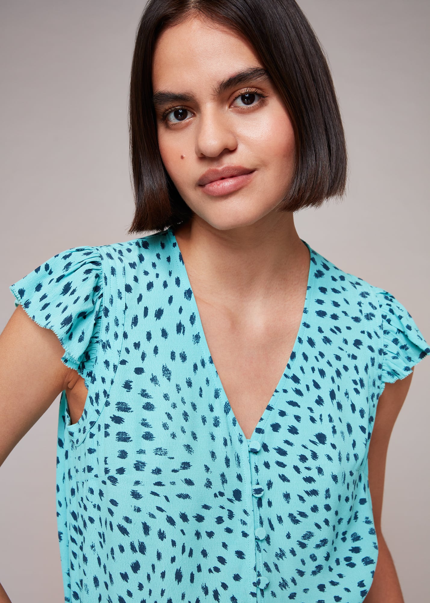 Whistles Women's Blue/Multi Speckled Spot Frill Top Size 4